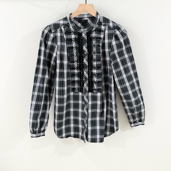 J. Crew Forrest Green Plaid Embellished Button Front Blouse Size XS Tall - Picture 3 of 7